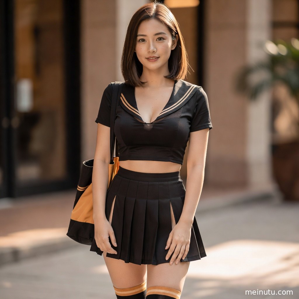 成年女子穿日系制服上衣倚在花园绿植旁，画面明亮柔和，呈现清新制服写真氛围。