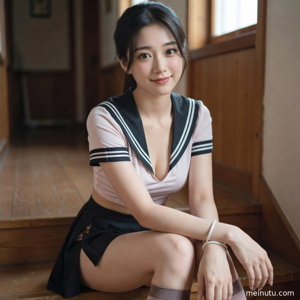 年轻成年女性以日系制服造型面对镜头，自然光与高清画质展现服饰细节。