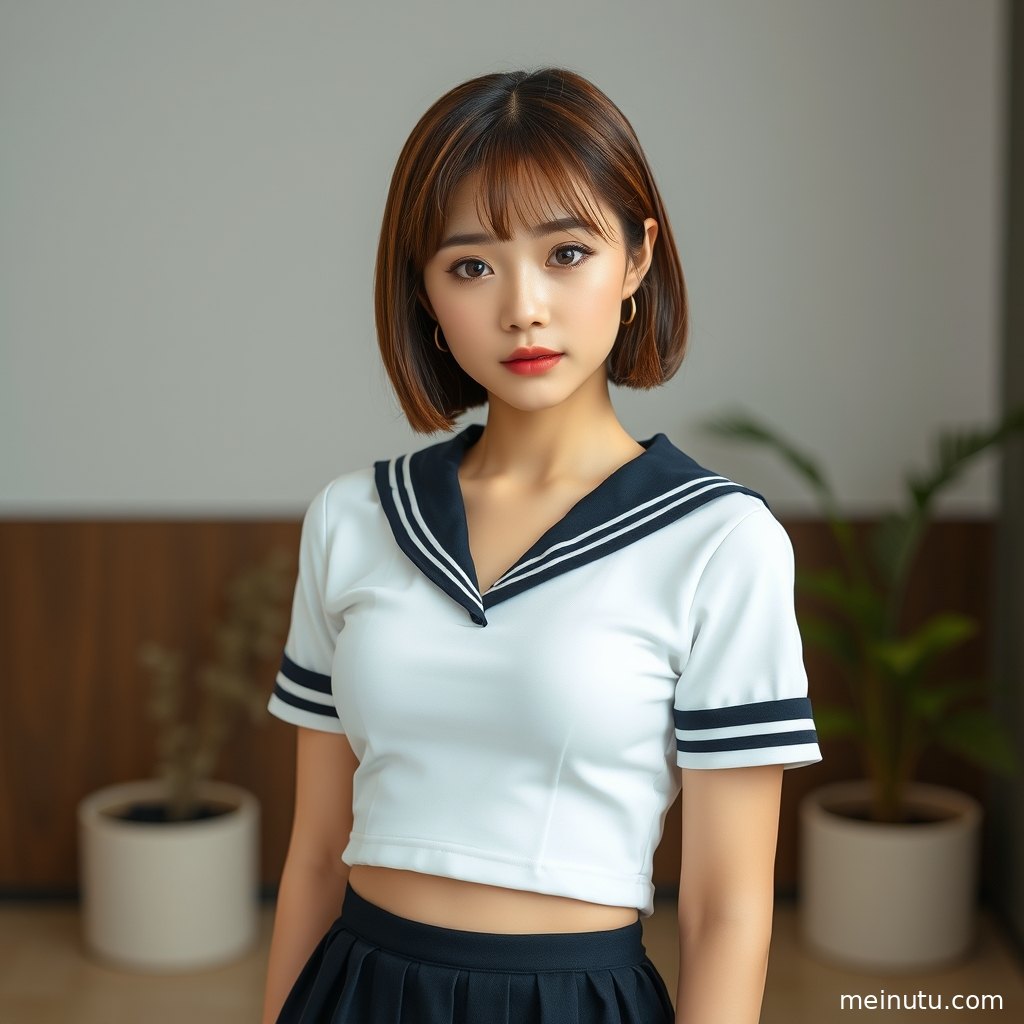 年轻成年女性以JK风制服造型出镜，城市街拍背景带来明亮日常氛围。