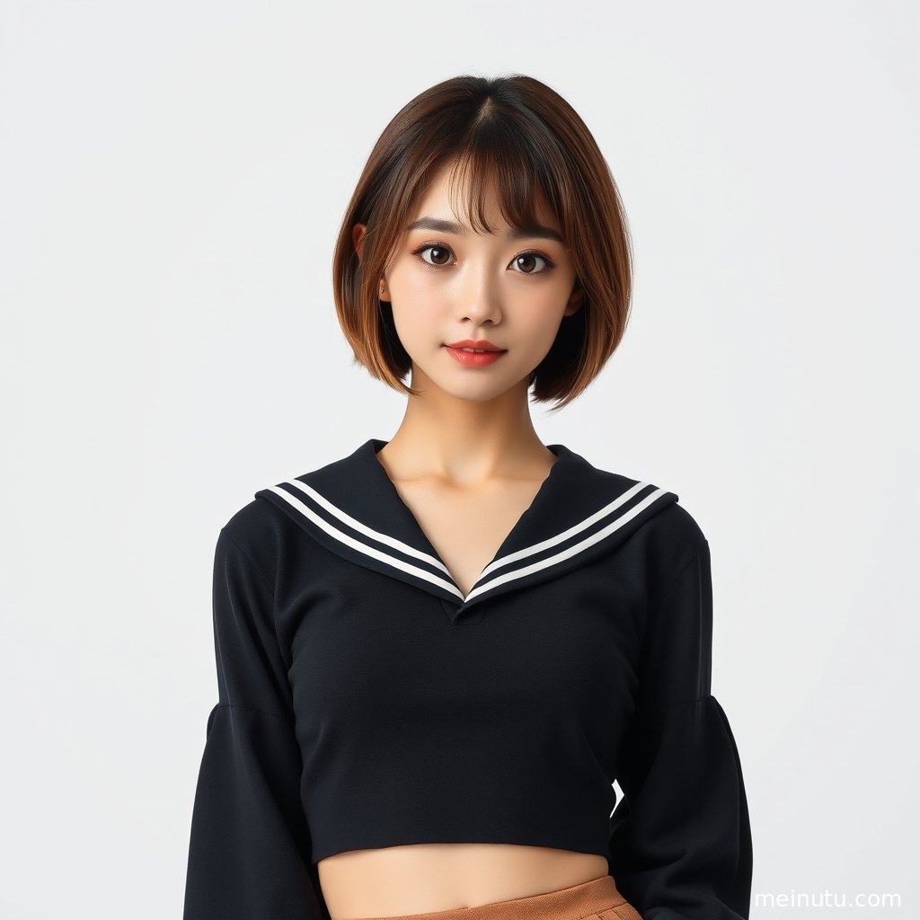 年轻成年女性佩戴领结搭配百褶裙，自然光下呈现干净通透的制服写真质感。