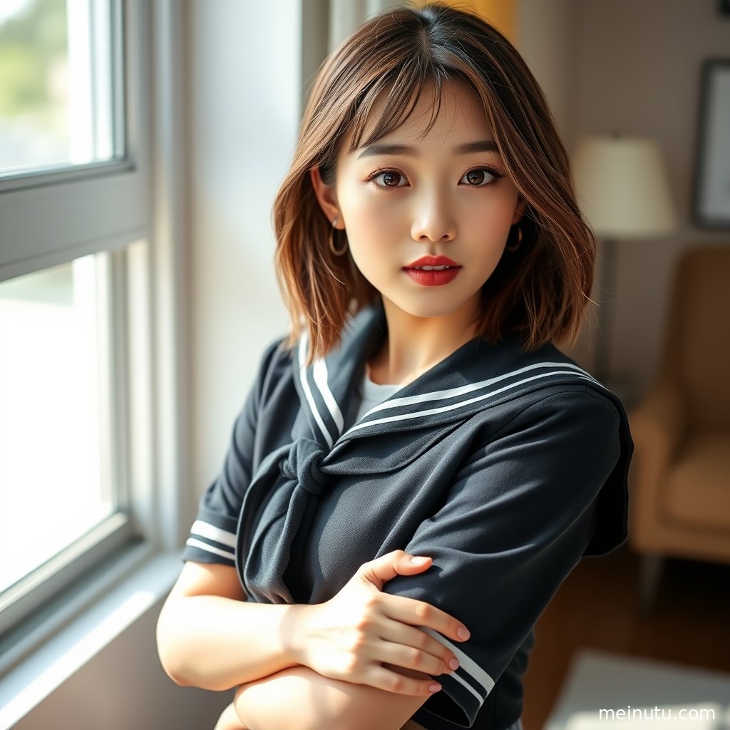年轻成年女性穿日系制服坐在室内木椅旁，柔光与暖色侧光突出海军领和百褶裙纹理。