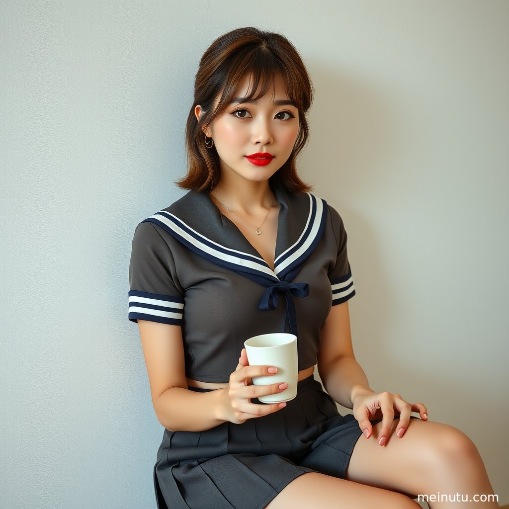 成年女性以JK制服造型倚靠窗边，低角度构图呈现清爽线条与温柔室内氛围。