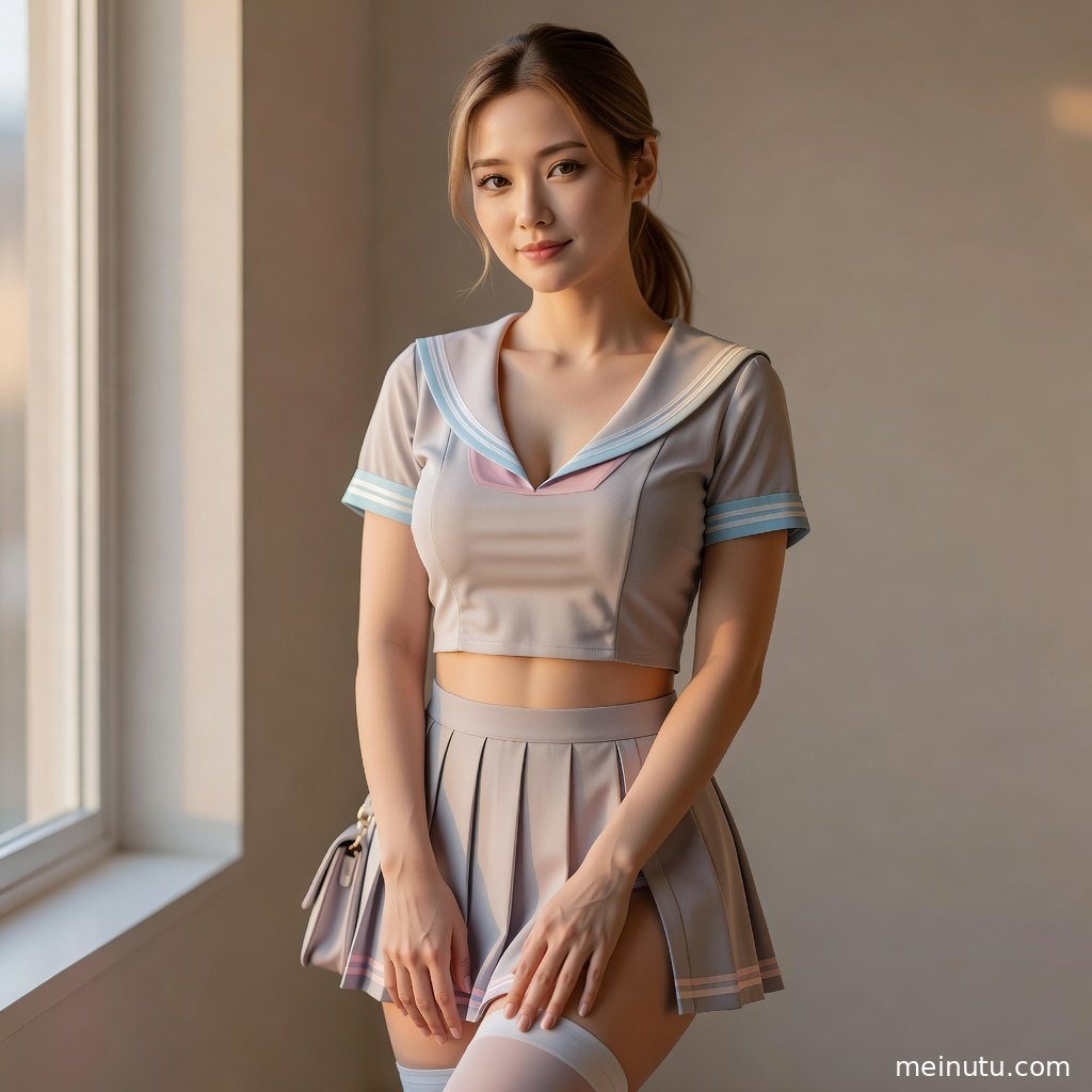 成年女子身着学院风制服靠近窗边，暖色侧光营造温柔安静的写真氛围。