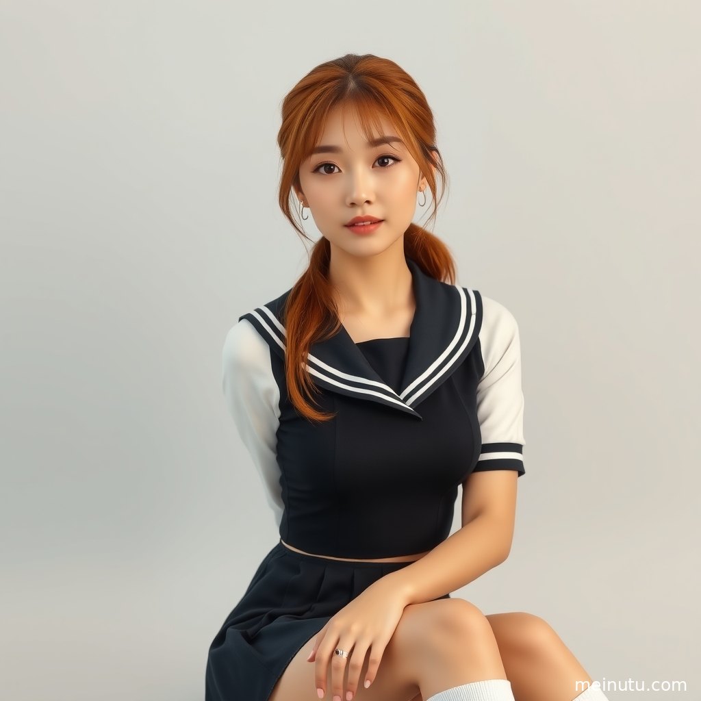年轻成年女性以半身姿态展示日系制服造型，室内柔光让画面干净高清。
