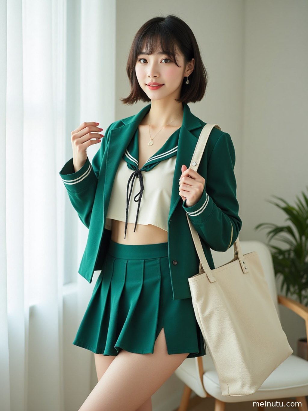 女性穿着JK制服套装，在复古走廊的光影下展现活力。