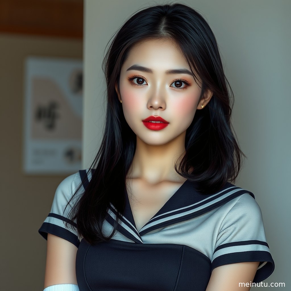 年轻成年女性身穿学院风制服在阴天街道俯拍头像特写，漫射光柔和自然。