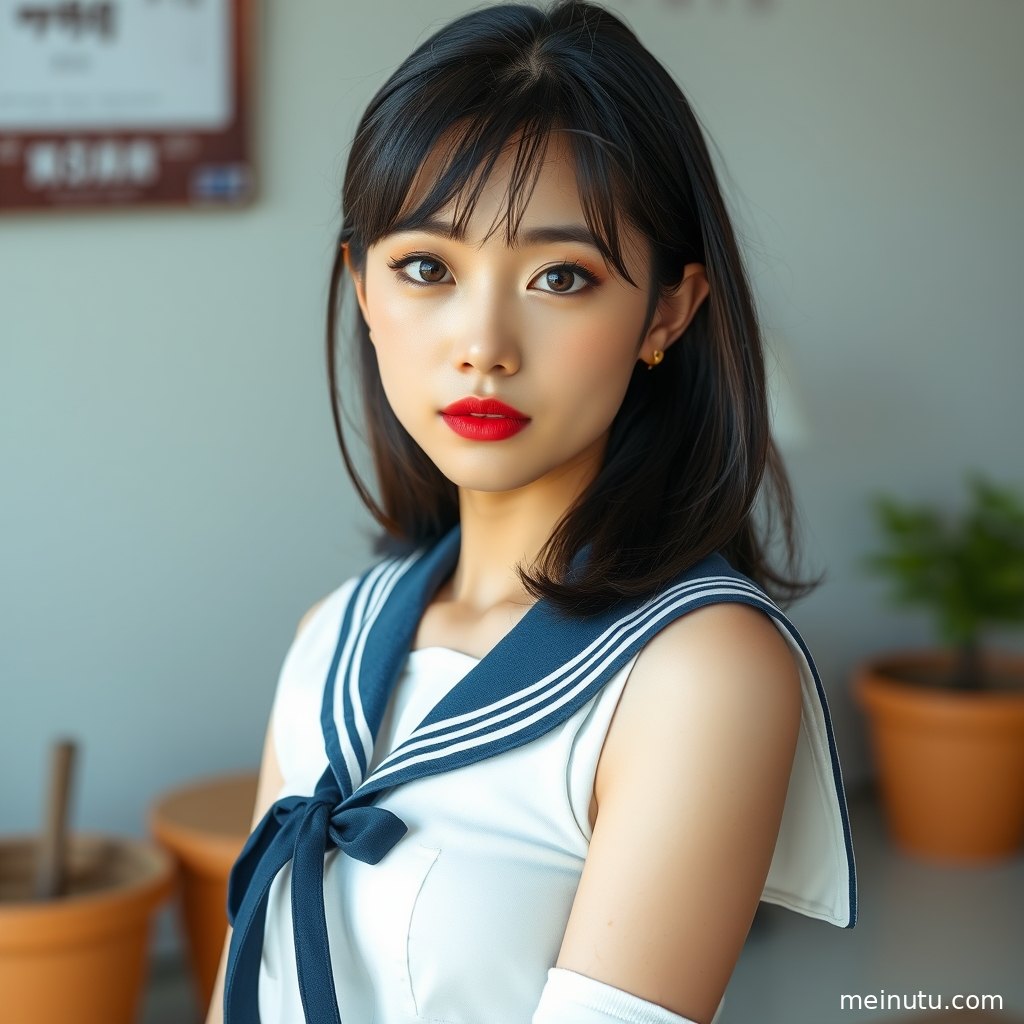 成年女子穿海军领制服站在城市路边，清爽街拍风格突出面部神态。