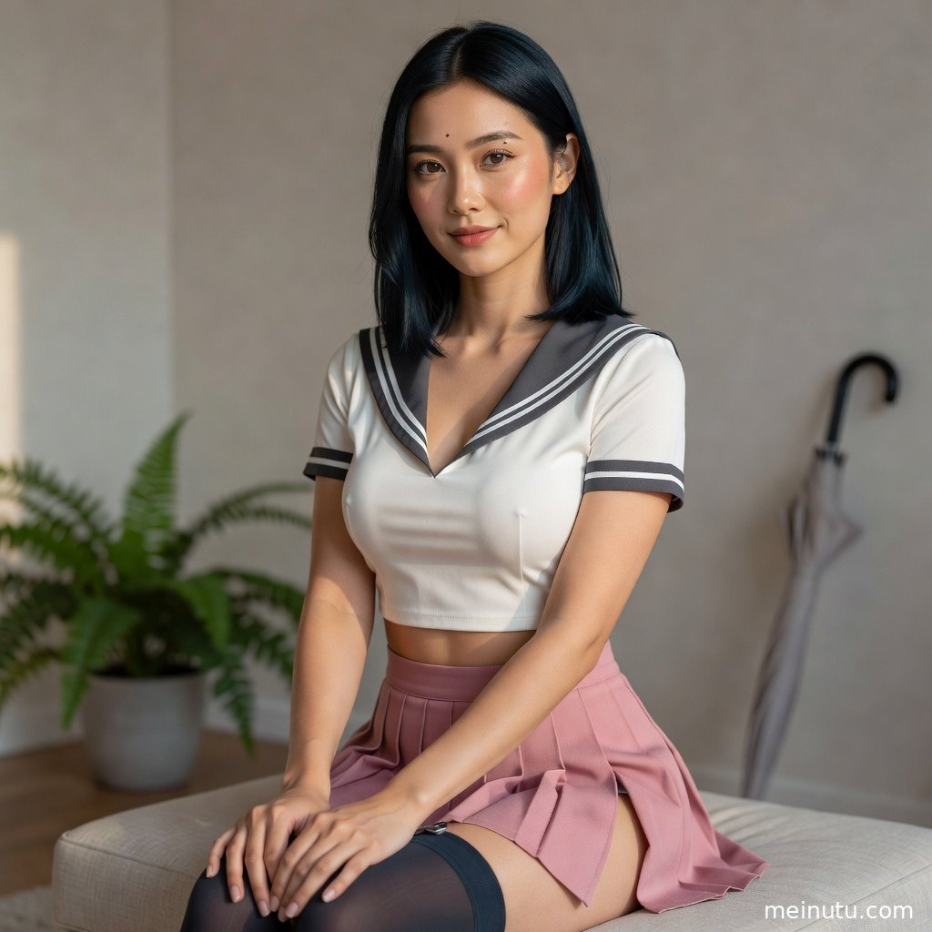 年轻成年女性以JK制服写真造型入镜，低饱和背景营造安静清新的头像氛围。