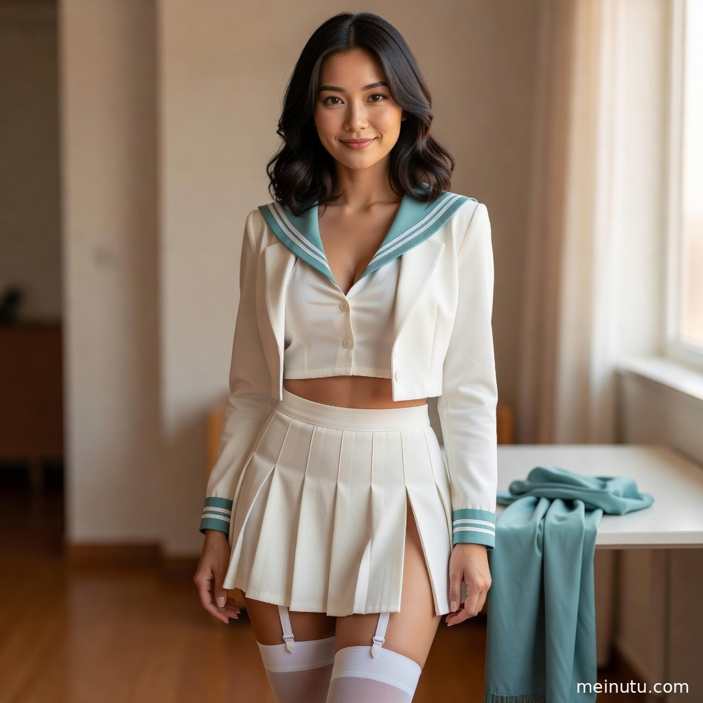 成年女子在阴天漫射光下完成制服写真俯拍构图，画面细节清晰干净。
