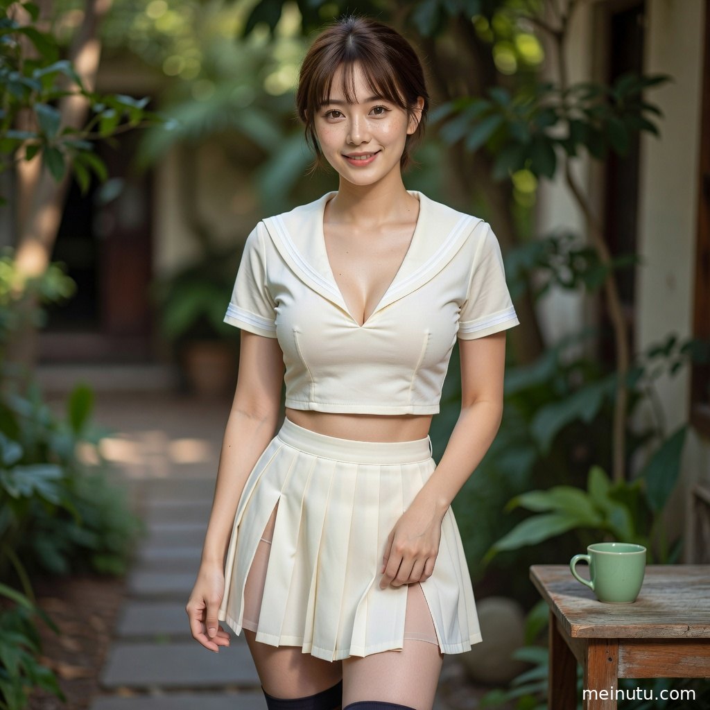 柔和逆光下的日系制服美女图片，庭院场景与高清画质突出自然质感。