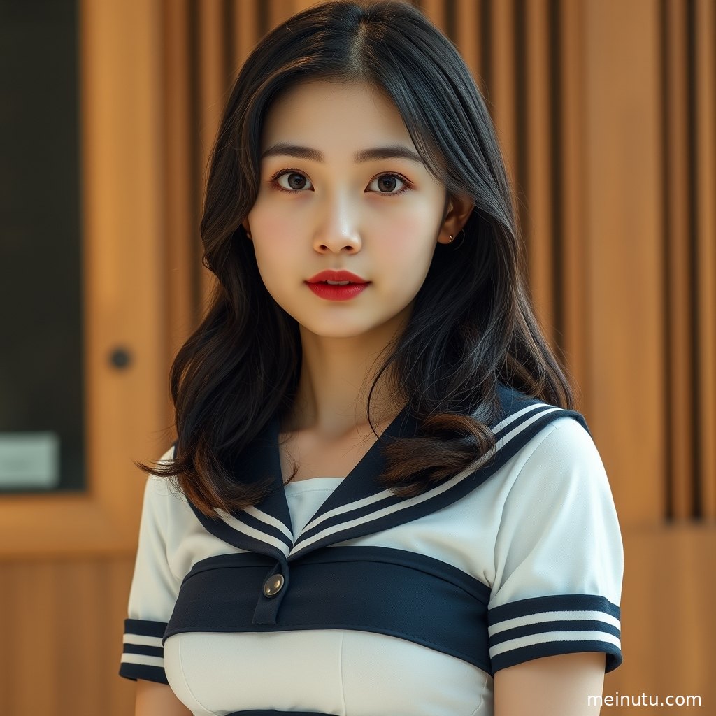 成年女子以JK风格制服配及膝袜出镜，俯拍角度展现百褶裙层次与清新活力。
