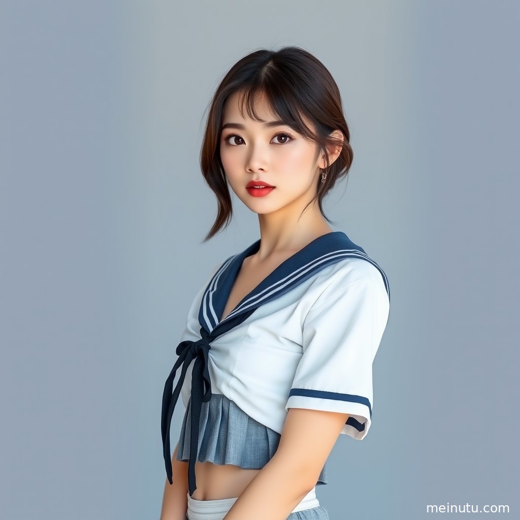 年轻成年女性身着海军领制服与深色制服袜，黄昏阴天光线营造安静甜美氛围。