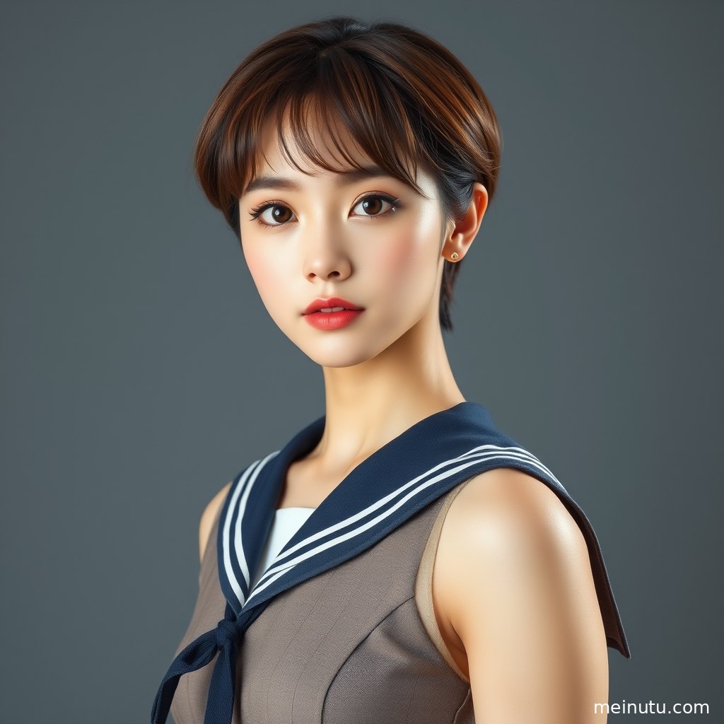 黄昏阴天漫射光下，年轻成年女性穿JK制服外套站在栏杆旁的俯拍写真。
