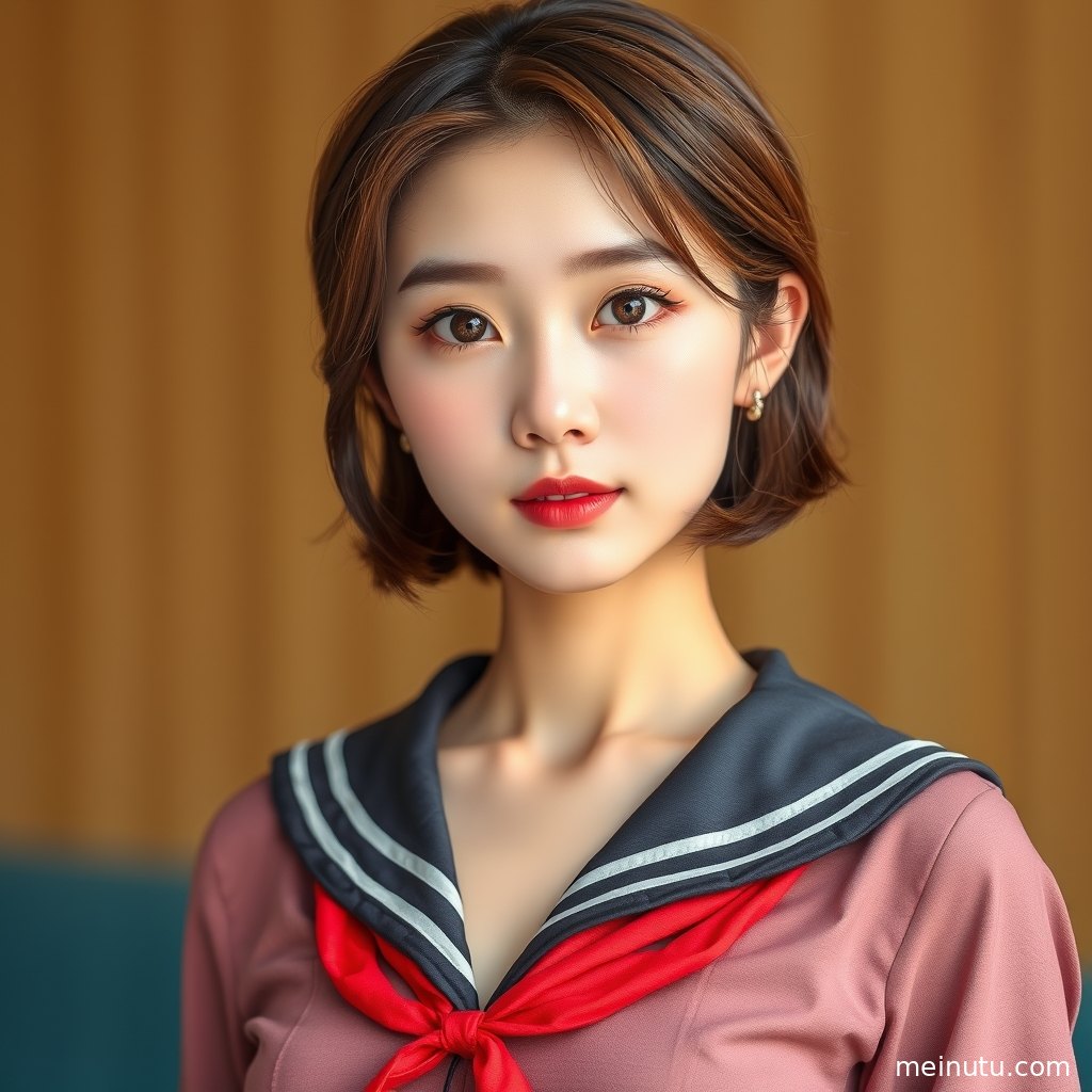 年轻成年女性身着深色JK制服外套，黄昏灰调背景衬托清新活力气质。