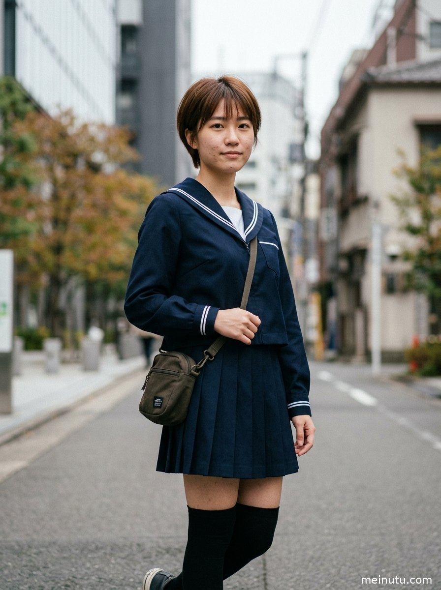 阴天漫射光中的年轻成年女性制服写真，黄昏氛围安静自然。