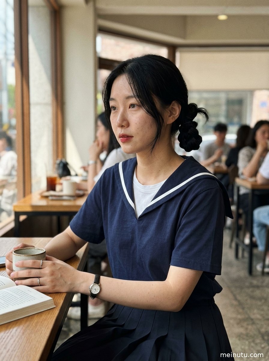 年轻成年女性以百褶裙搭配长袜出镜，电影感光影营造安静细腻的制服写真画面。