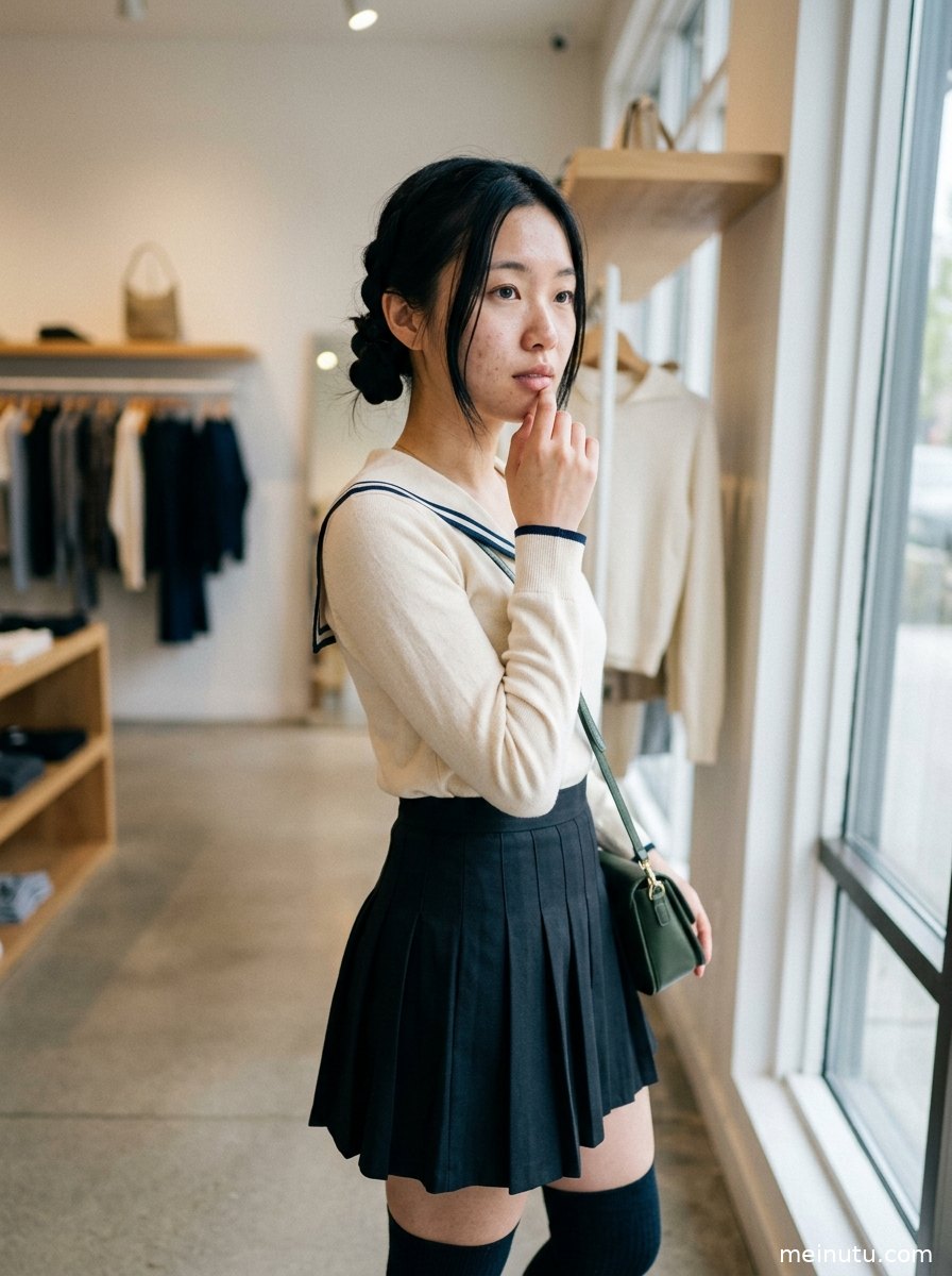 年轻成年女性倚靠木质椅背拍摄，三分法构图突出日系制服造型与室内柔光层次。