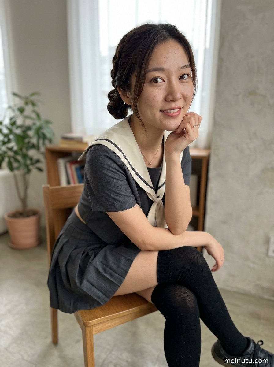 年轻成年女性在暖色房间中低眸微笑，高清画质呈现清纯成人风JK美女写真质感。