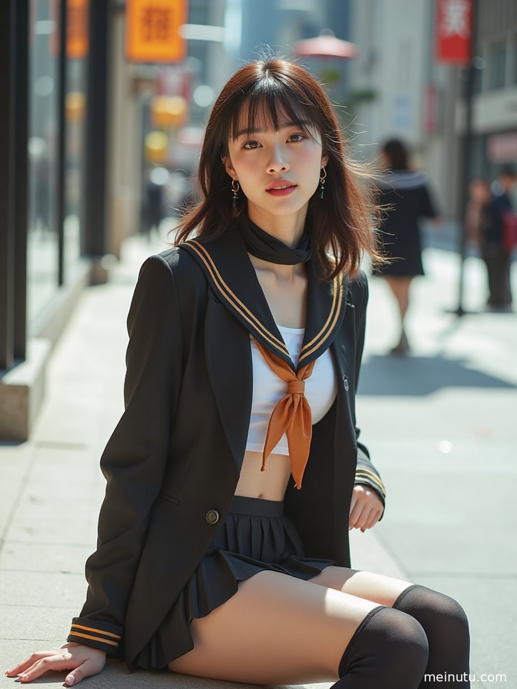 女性以全身构图呈现日系制服风格造型，画面突出服饰轮廓与整体氛围。
