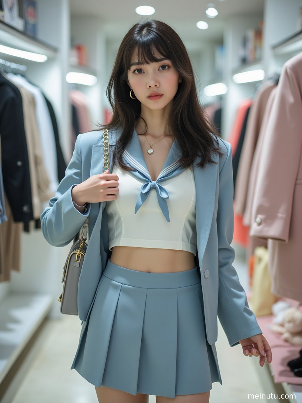 女性在柔和自然光下侧身回眸，展现jk制服诱惑 花园 清透高光的场景层次与光影。