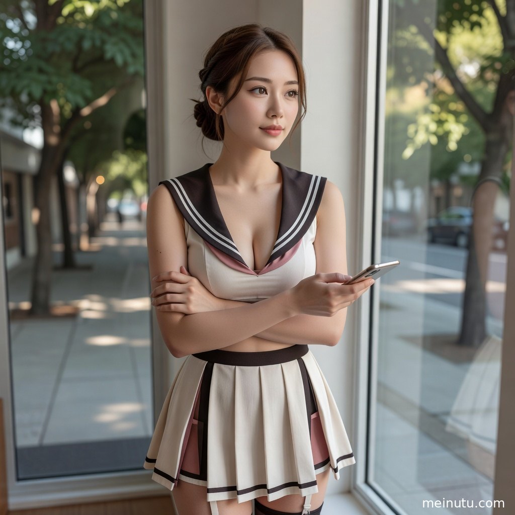日系制服写真特写突出纽扣、褶皱与眼神细节，画质干净高清。