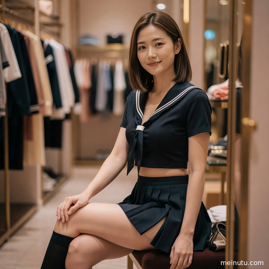 年轻成年女性穿针织外套与日系制服低头整理领结，画面呈现安静甜美的制服写真氛围。