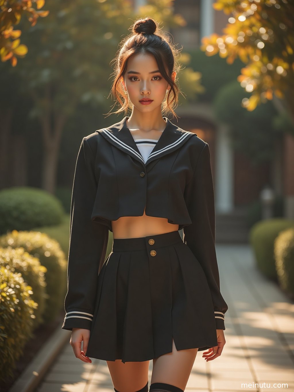 女性在柔和自然光下侧身回眸，展现jk制服正版 庭院 自然光的场景层次与光影。