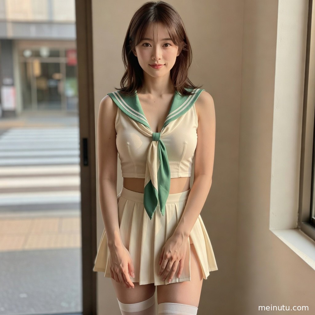 日系制服造型JK模特坐在室内窗边，暖色侧光勾勒学院风制服细节。