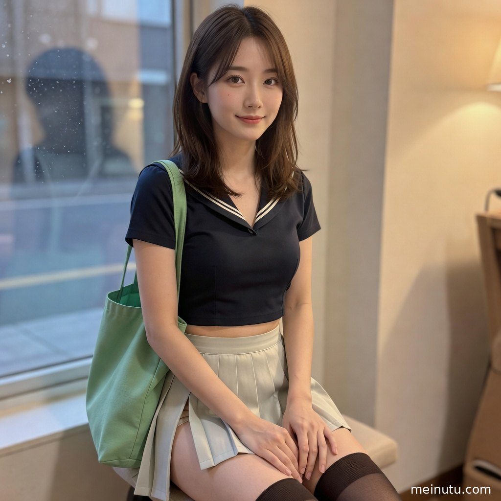 室内柔光映照日系制服造型JK，褶裥裙摆与领口线条清晰可见。