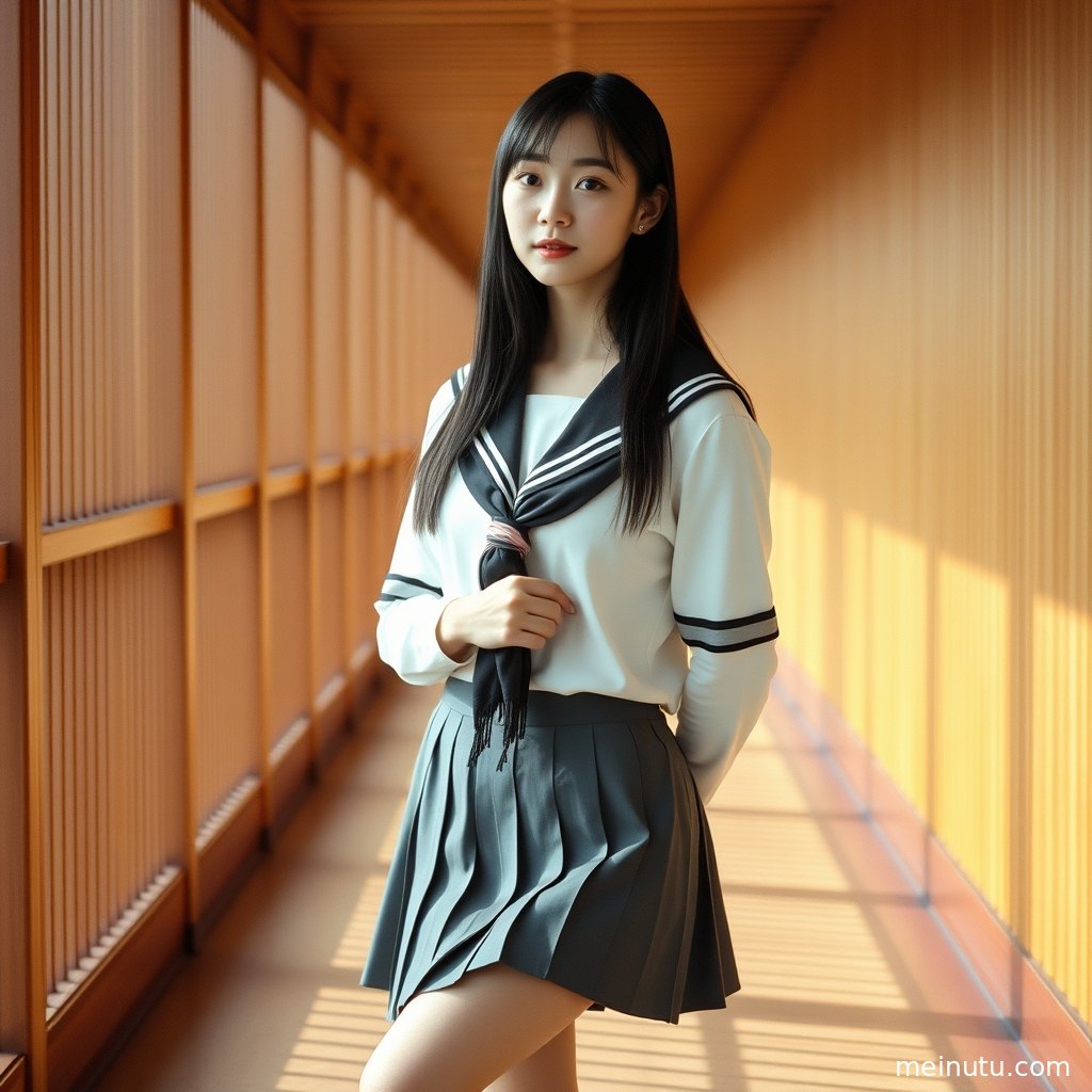女性身着日系制服造型JK制服，沐浴在窗边柔和的光线下，眼神宁静。
