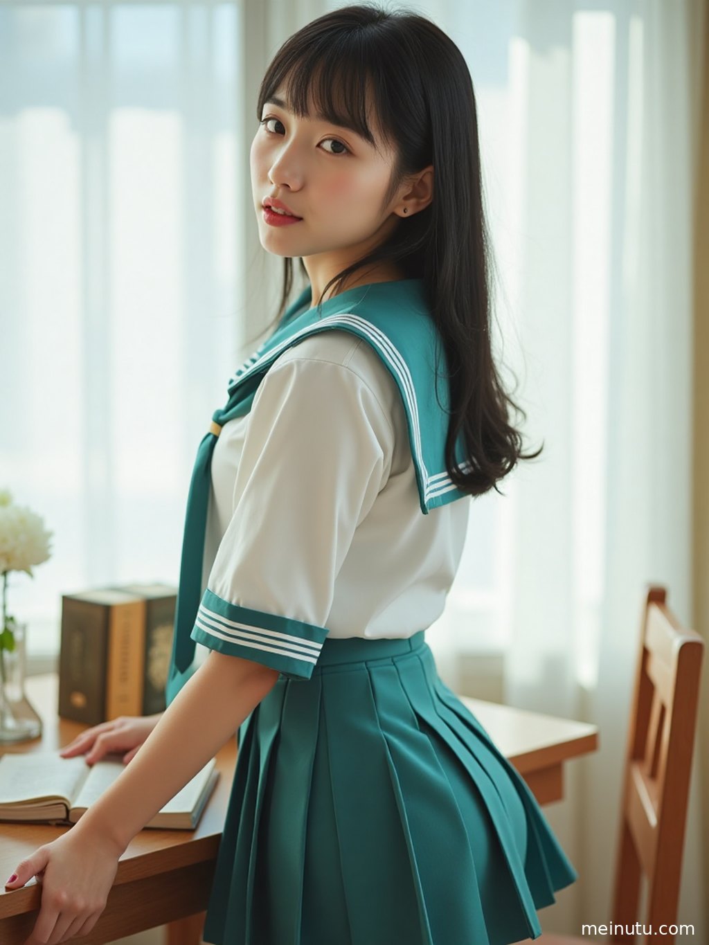 窗外模糊的街景与室内女性的剪影，营造出怀旧的电影感。