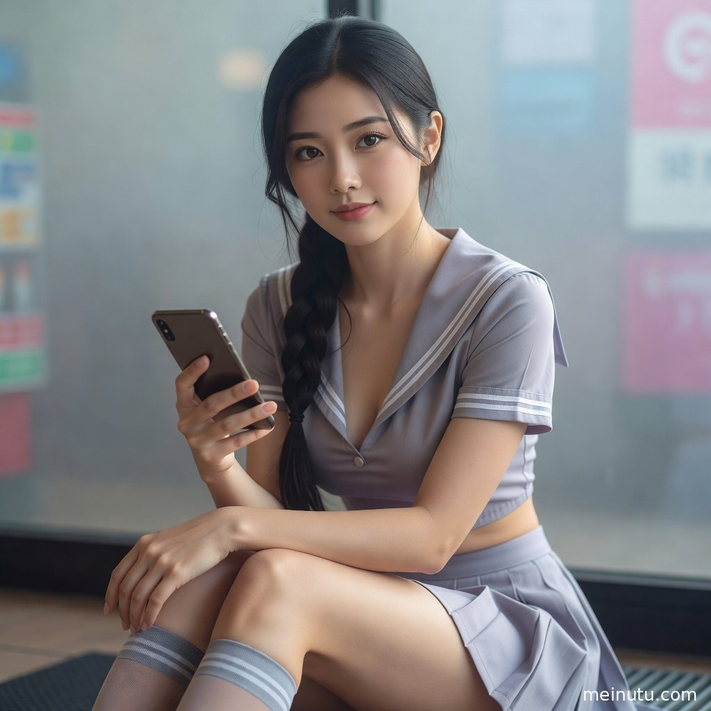 窗边自然光洒落在年轻成年女性身上，全身构图突出西式JK制服细节。