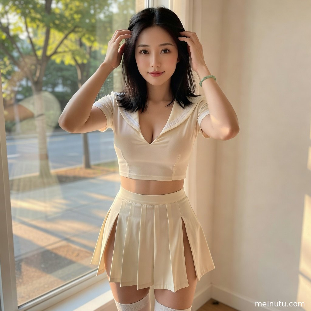 年轻成年女性在窗边自然站姿展示全身造型，柔和逆光突出制服褶皱与甜美气质。