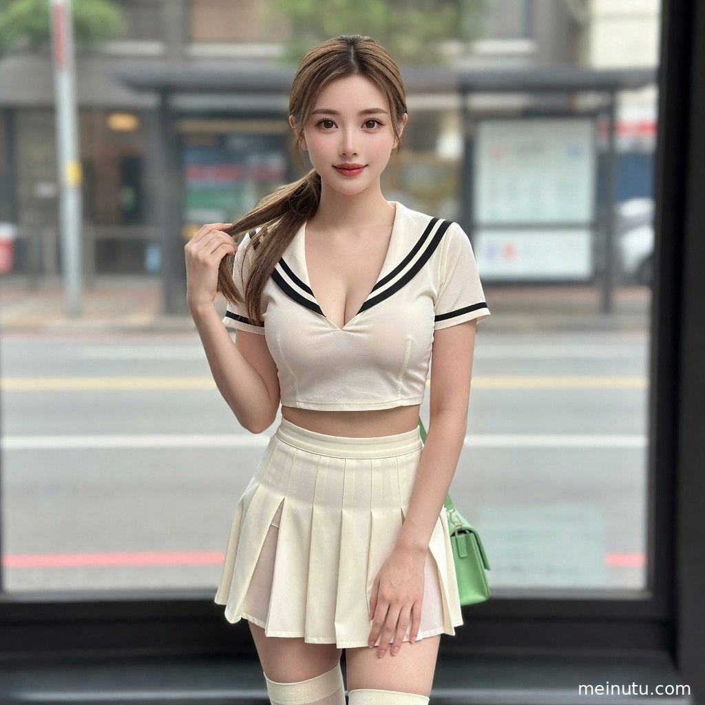 窗边柔和逆光下的JK美女穿学院风制服，低角度构图突出清新写真氛围。