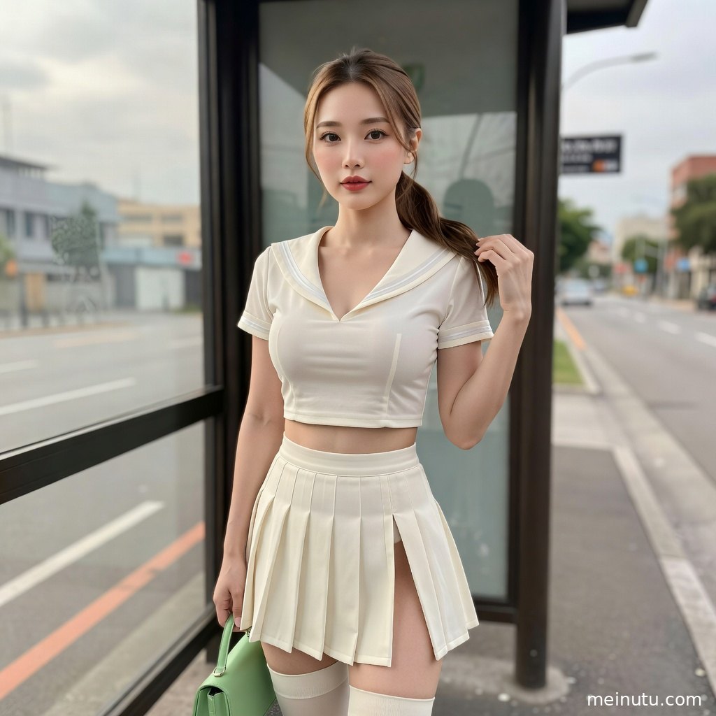 低角度拍摄的JK美女图集画面，学院风制服与简洁背景营造清爽视觉。