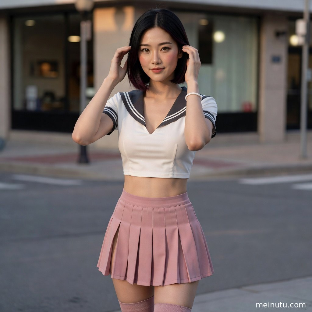 学院风JK制服模特站在街边暖色侧光中，褶裙与领结细节清晰呈现。