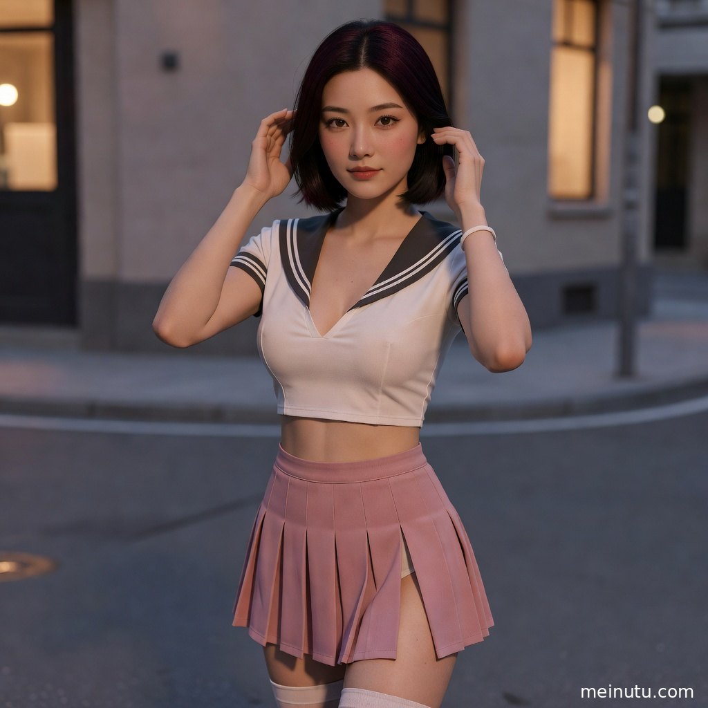 街拍视角下的JK美女图片，针织外套与学院风制服搭配营造清新氛围。
