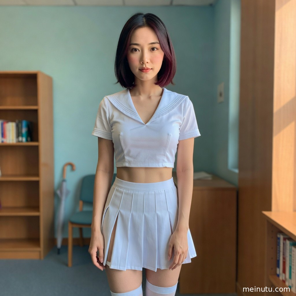 高清制服写真记录模特在街区中的自然姿态，画面色调温暖柔和。