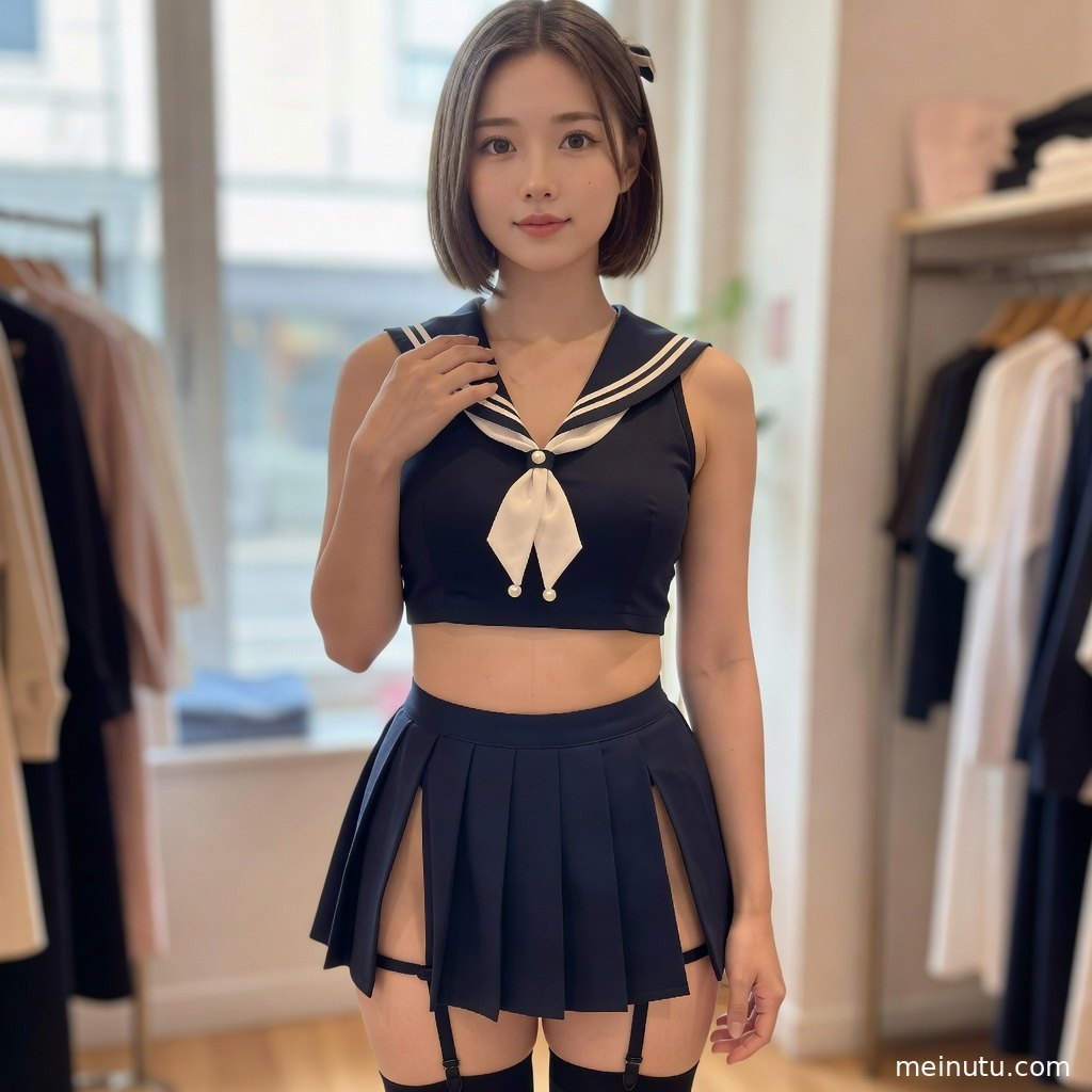 浅色书桌旁的制服写真图片，室内柔光勾勒模特侧脸与衣褶细节，画面干净清新。