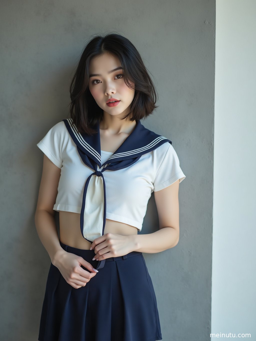 低角度拍摄，女性穿着正版JK制服，在海边沙滩上漫步，光影斑驳。