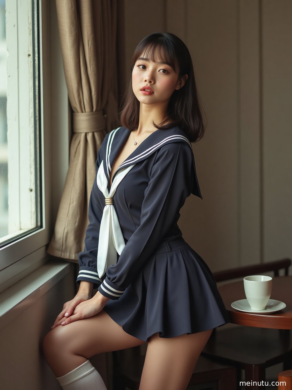 海浪轻拍，女性立于海边礁石，正版JK制服随风飘动，画面唯美。