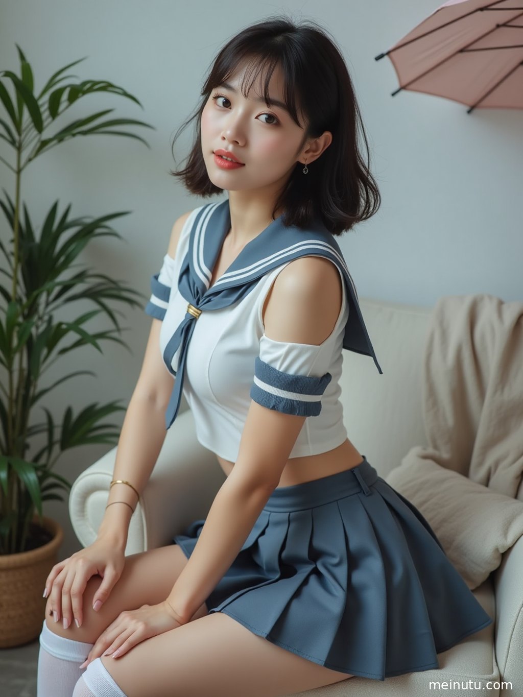 柔和的逆光勾勒出女性身着正版JK制服的侧影，海天一色，意境深远。