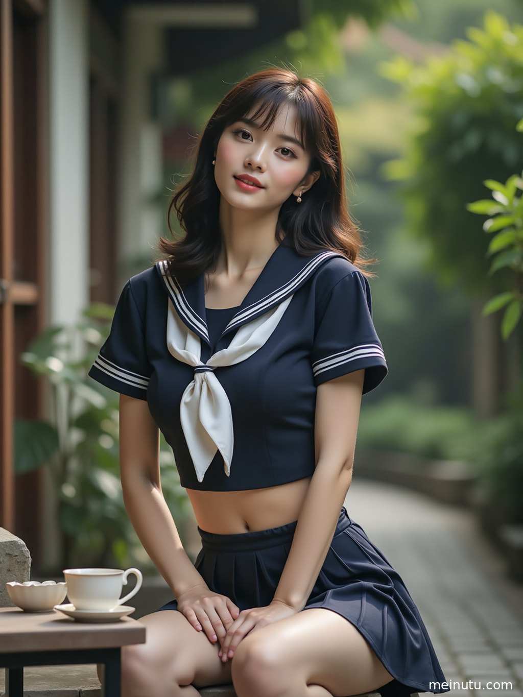 阳光透过树叶洒下斑驳光影，映衬着庭院中穿着JK制服的女性。