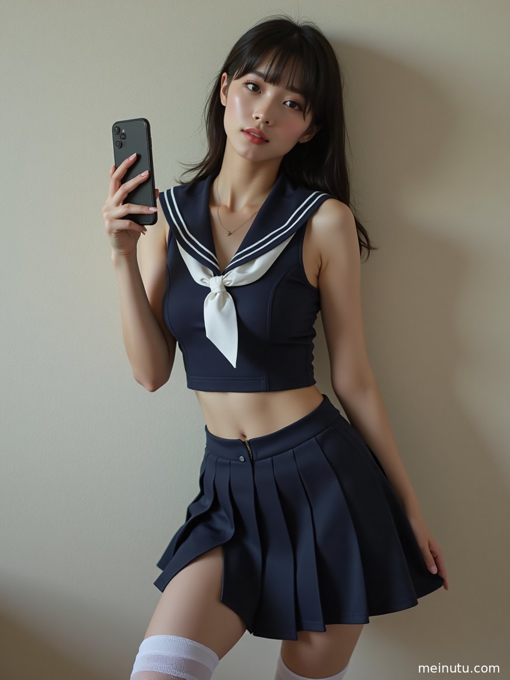 庭院一角，一位气质甜美的女性穿着正版JK制服，享受宁静时光。