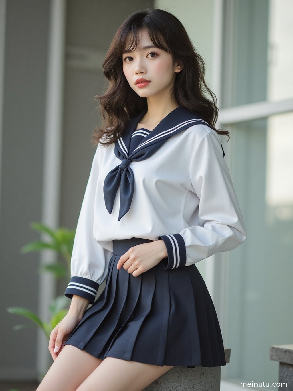 身着经典JK制服的女性，在午后暖阳下侧身回眸，画面充满青春气息。