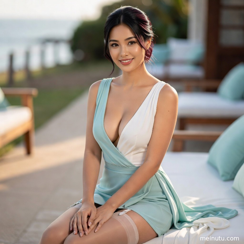 白丝长腿美女坐在沙滩边缘，低角度拍摄突出丝袜美腿与海岸光影。