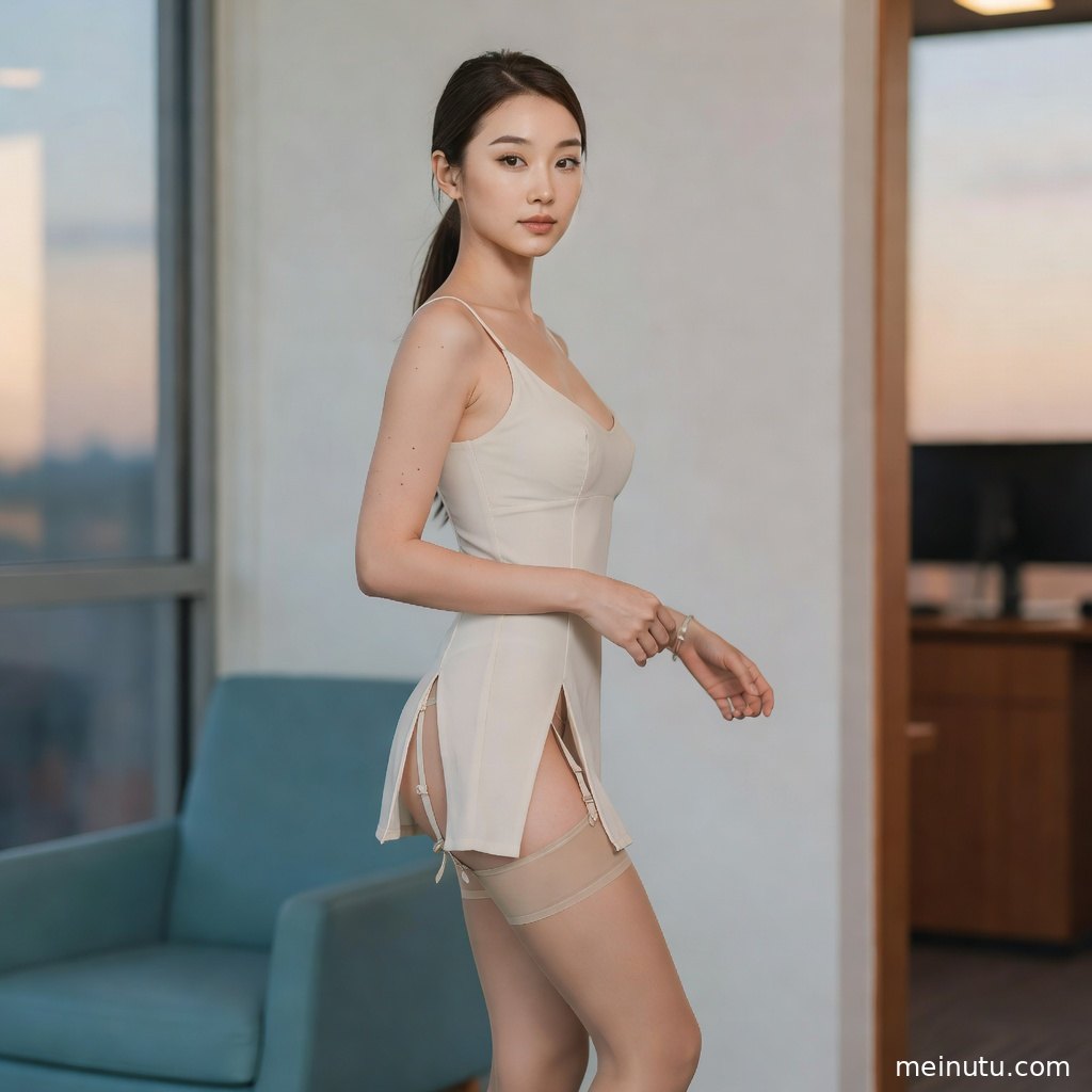 年轻成年女性以半身视角面对镜头，黑丝美腿与清亮高光营造时尚氛围。