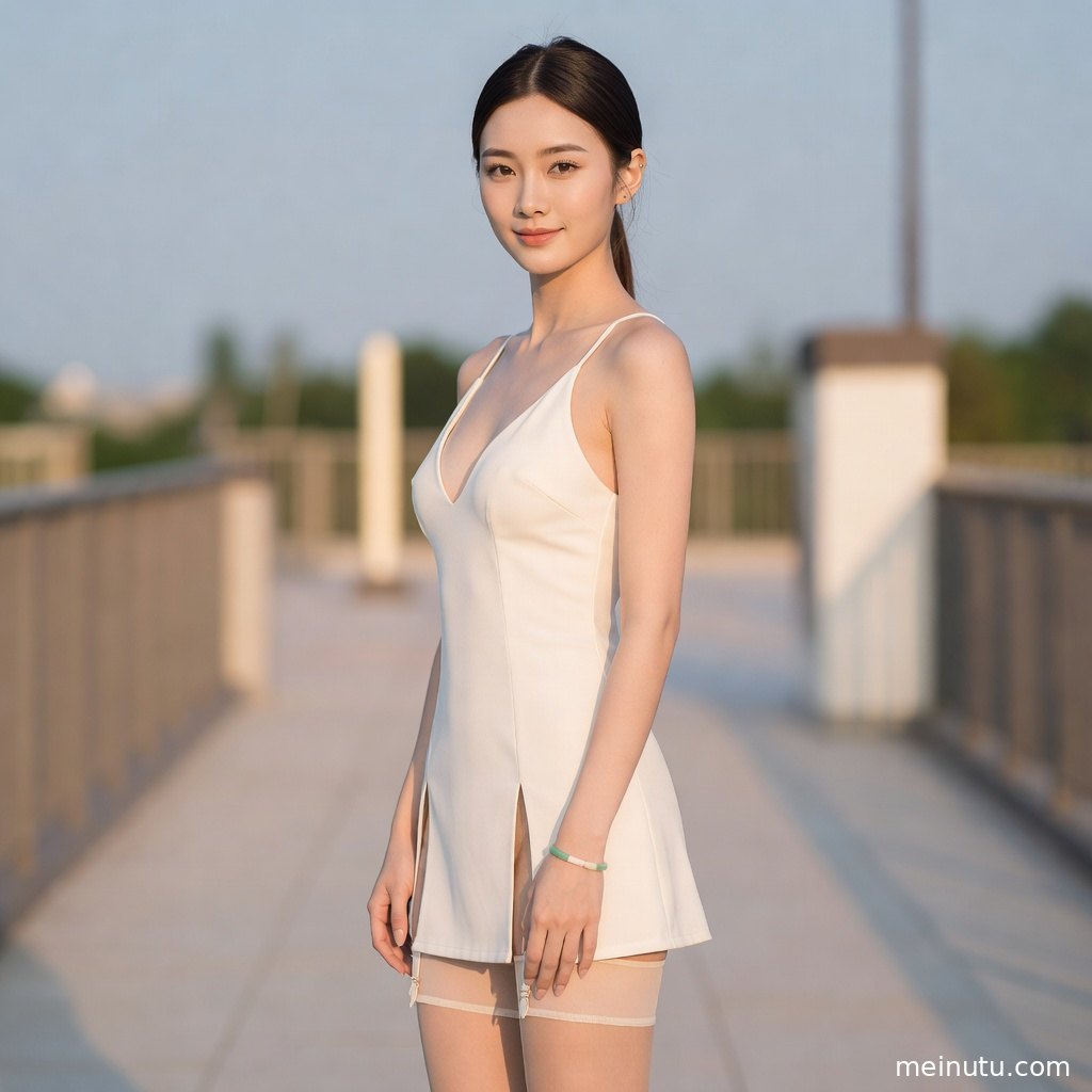 黄昏光线下的成年女子丝袜写真，画面突出长腿线条、温柔神情与高清质感。