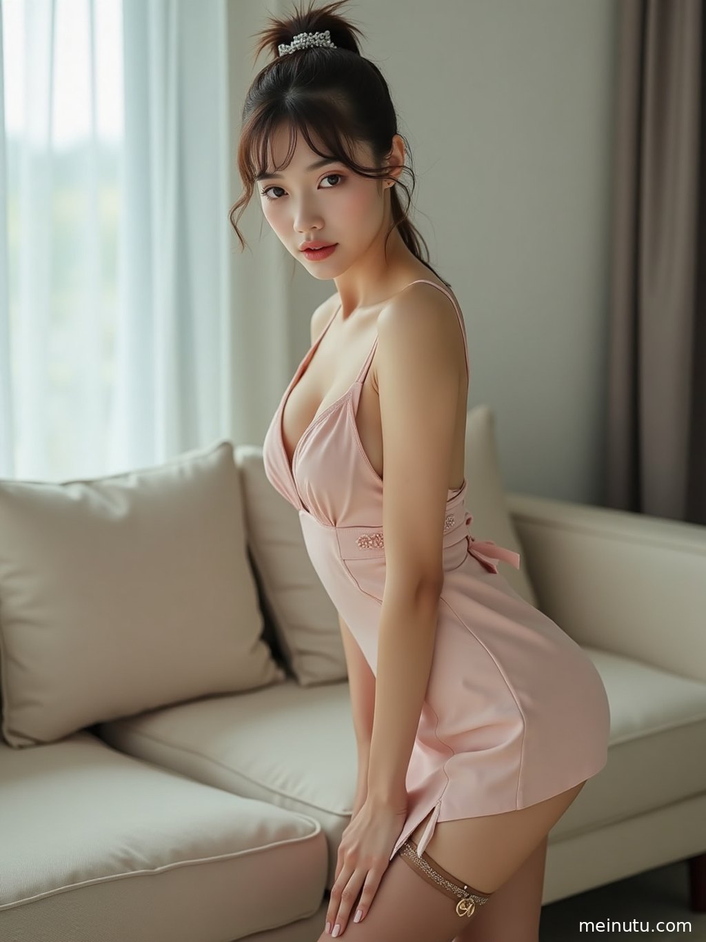 Elegant long-leg portrait of an adult woman leaning beside a retro hallway wall, wearing a refined stockings outfit.