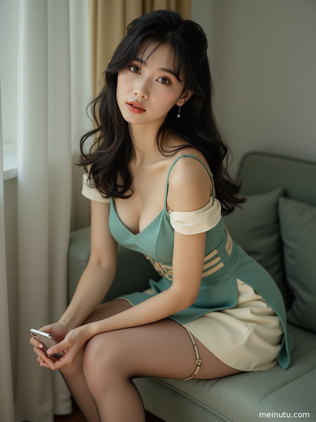 Adult Asian model turning sideways under soft natural highlights, showing a refined stockings outfit and long-leg composition.